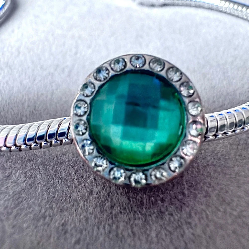 Teal‎ Crystal Halo Round Slide Charm Bracelet Silver Tone Sparkle fits PANDORA